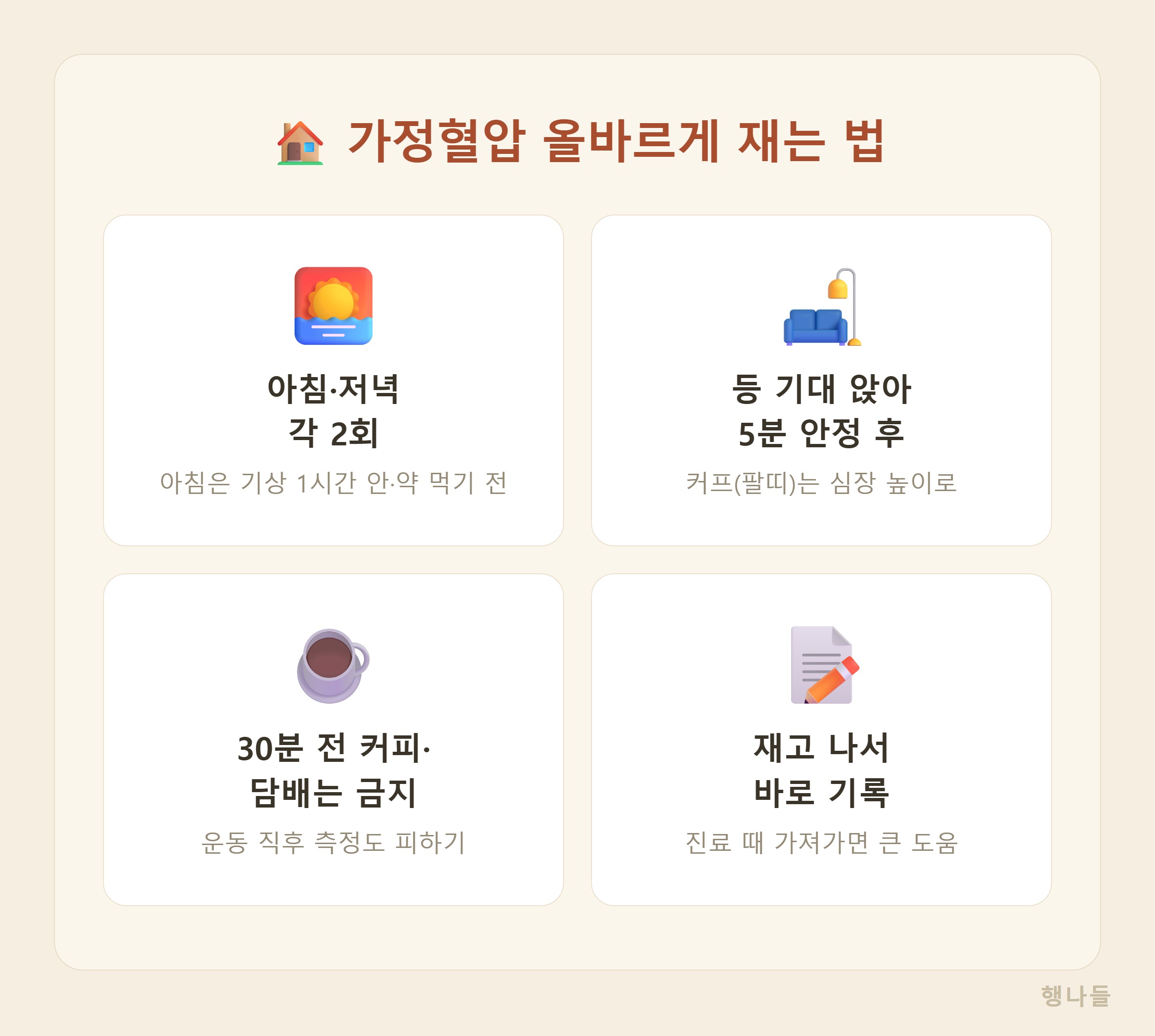 가정혈압 올바르게 재는 법 - 아침 저녁 2회 측정 카페인 흡연 금지 5분 안정