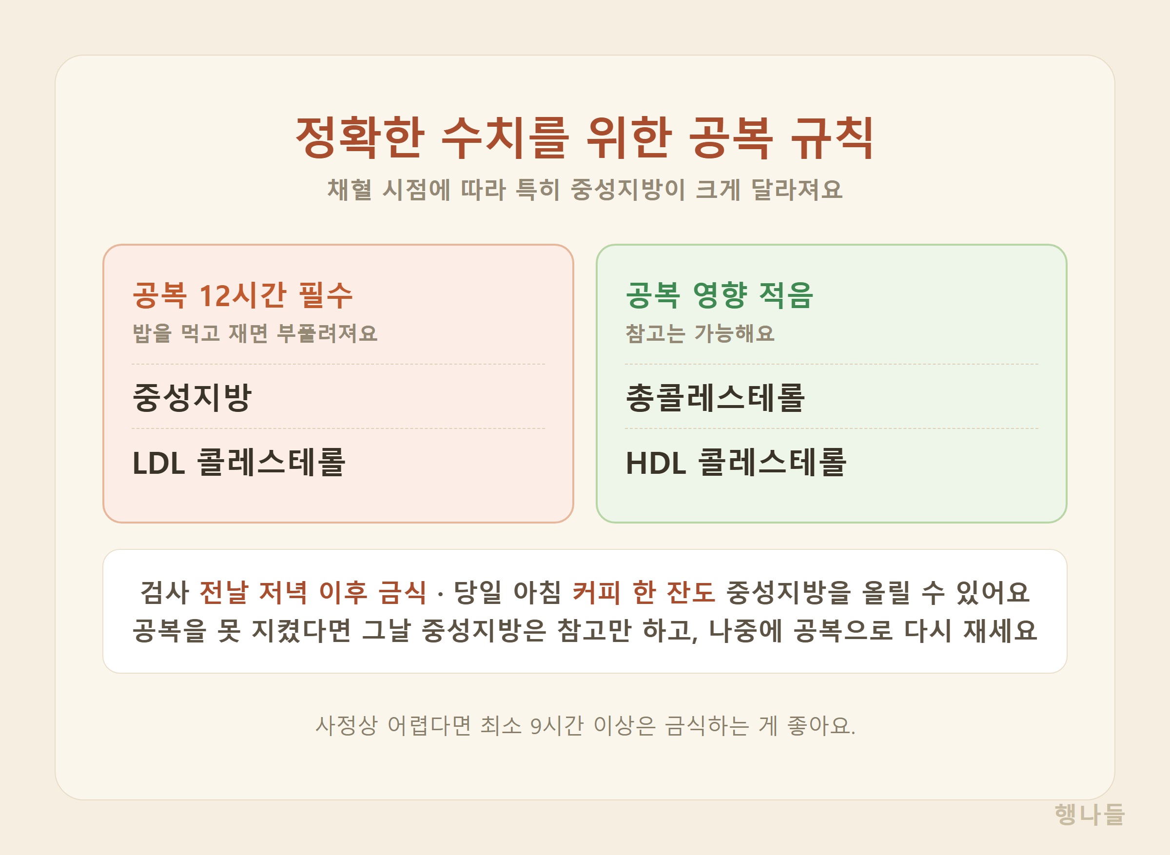 콜레스테롤 검사 공복 규칙 - 중성지방 LDL은 12시간 공복 필수, 총콜레스테롤 HDL은 영향 적음